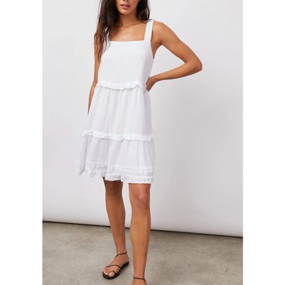 Rails Small S White Sandy Dress Tiered Ruffle Square Neck Linen Blend Mini Flowy - Picture 11 of 12